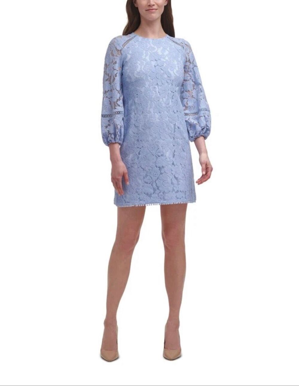 Vince Camuto Blue Floral Lace Shift Dress 3/4 Balloon Sleeve Cocktail Size 6-209